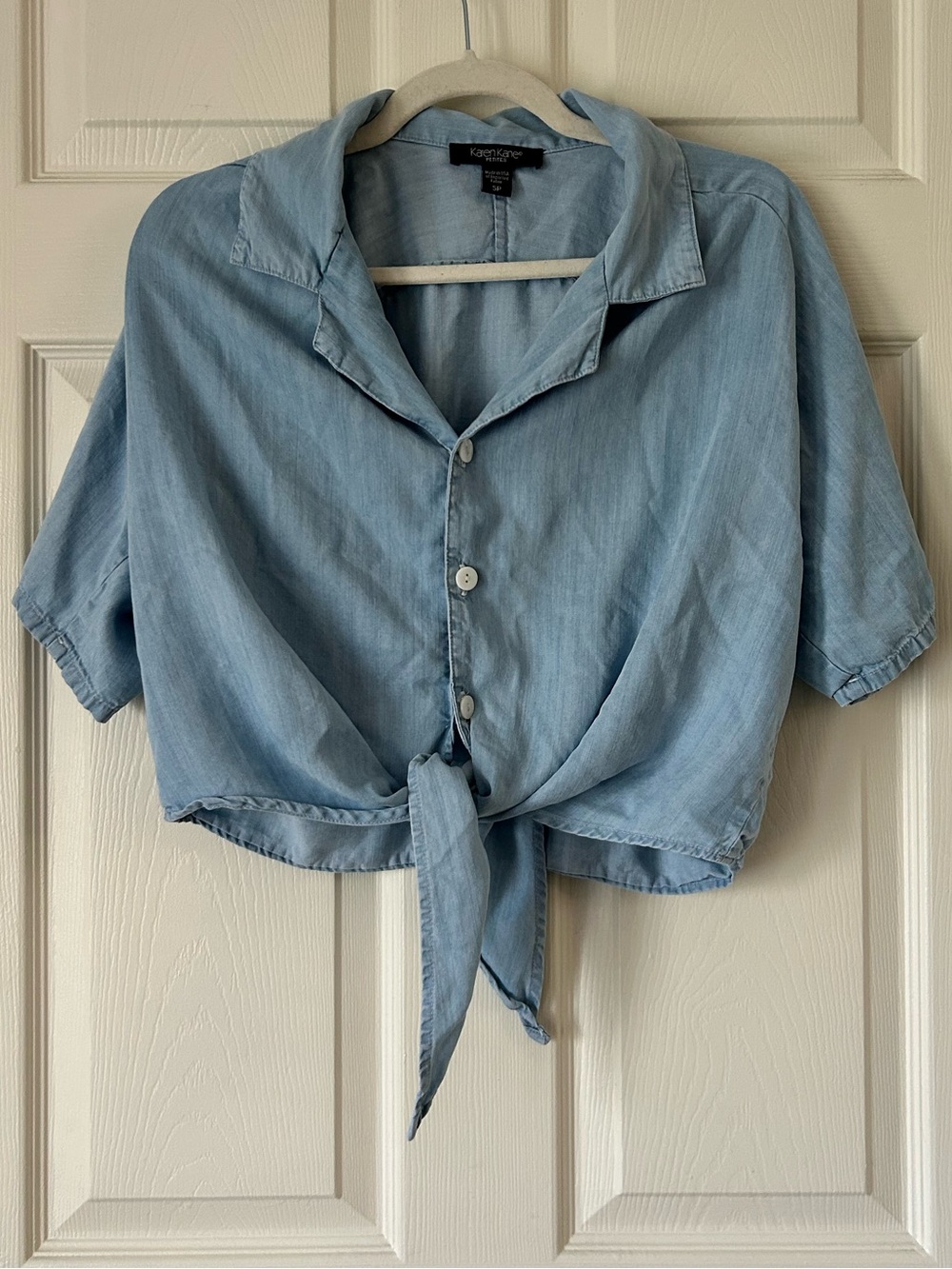Karen Kane Petites Tie Front Button Up Shirt Light Blue SP
